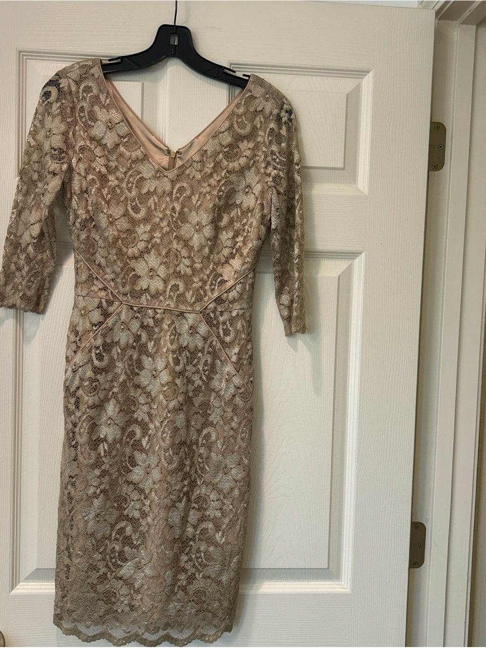 ANTONIO MELANI Nude Lace Sheath Dress with V-Neck